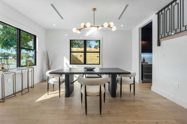 Dining room, Interior, Pendant Lights, Recessed Lighting, Wood Texture Flooring