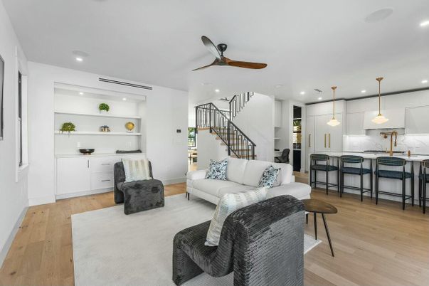Interior, Living room, Pendant Lights, Recessed Lighting, Wood Texture Flooring