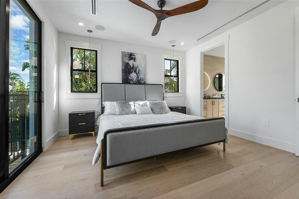 Bedroom, Interior, Pendant Lights, Recessed Lighting, Wood Texture Flooring