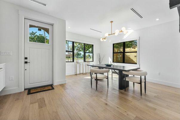 Dining room, Interior, Recessed Lighting, Wood Texture Flooring