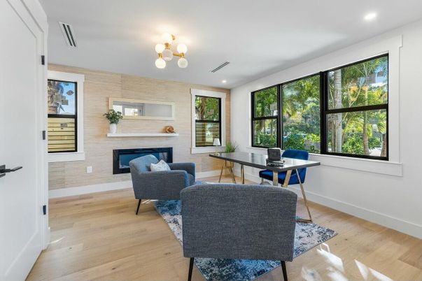 Fireplace, Home Office, Interior, Recessed Lighting, Wood Texture Flooring