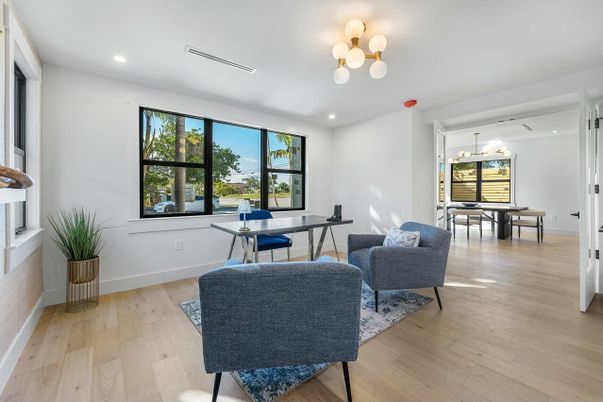 Dining room, Interior, Recessed Lighting, Wood Texture Flooring
