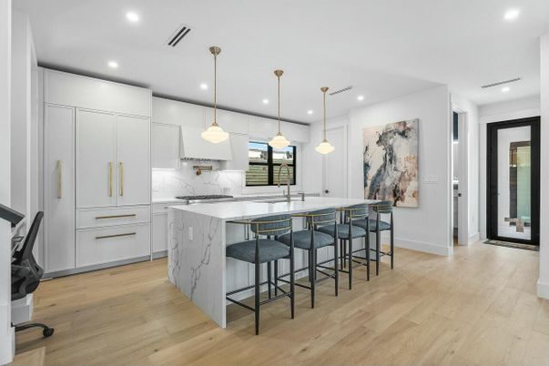 Interior, Kitchen, Marble Walls, Pendant Lights, Recessed Lighting, Wood Texture Flooring