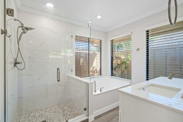 Bathroom, Glass Shower, Interior, Marble Walls, Recessed Lighting, Wood Texture Flooring