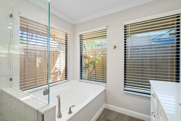 Bathroom, Glass Shower, Interior, Wood Texture Flooring
