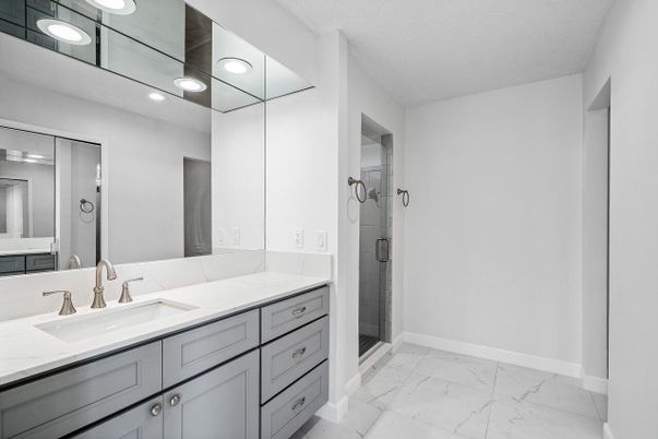 Bathroom, Glass Shower, Interior, Marble, Recessed Lighting