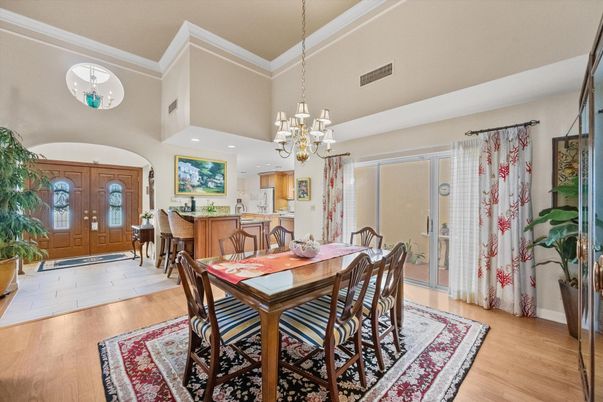 Chandelier, Dining room, Interior, Recessed Lighting, Wood Texture Flooring