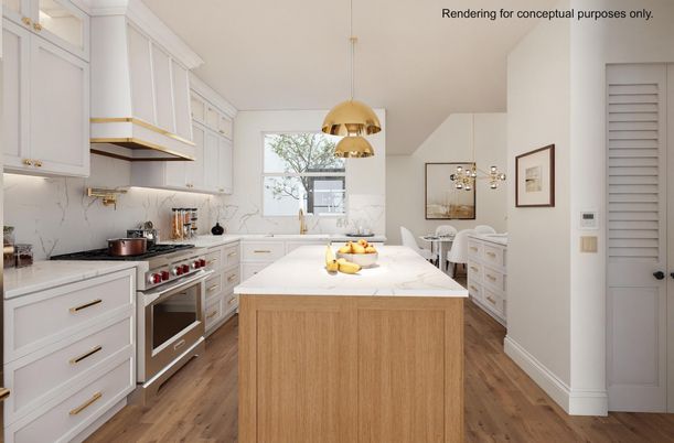 Interior, Kitchen, Marble Walls, Pendant Lights, Stainless Steel Appliances, Wood Texture Flooring