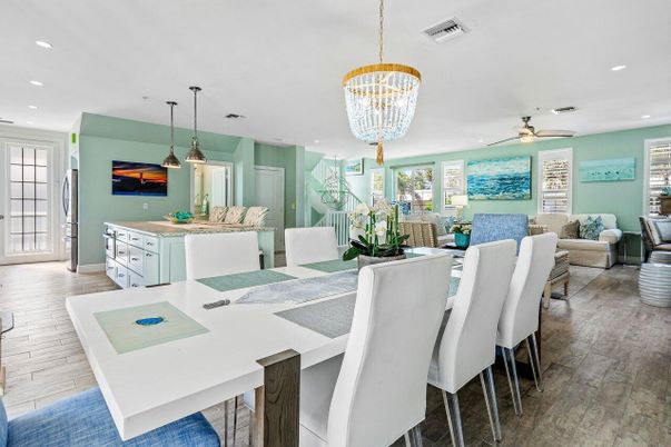 Chandelier, Dining room, Interior, Kitchen, Living room, Pendant Lights, Recessed Lighting, Wood Texture Flooring