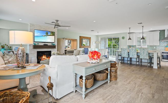 Dining room, Fireplace, Interior, Kitchen, Living room, Pendant Lights, Recessed Lighting, Stainless Steel Appliances, Wood Texture Flooring