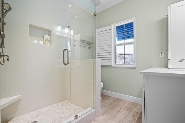 Bathroom, Glass Shower, Interior, Wood Texture Flooring