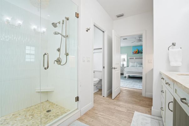 Bathroom, Bedroom, Glass Shower, Interior, Wood Texture Flooring