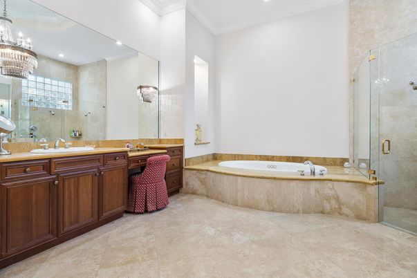 Bathroom, Chandelier, Glass Shower, Interior, Recessed Lighting