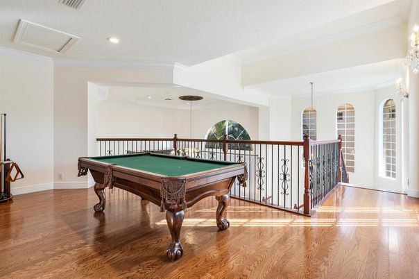 Billiard Table, Chandelier, Game Room, Interior, Pendant Lights, Recessed Lighting, Wood Texture Flooring