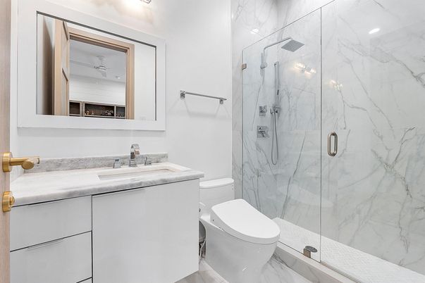 Bathroom, Glass Shower, Interior, Marble, Marble Walls, Recessed Lighting