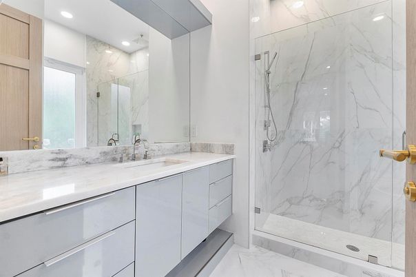 Bathroom, Glass Shower, Interior, Marble, Marble Walls, Recessed Lighting