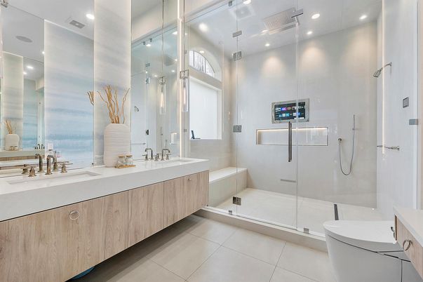 Bathroom, Dual Sink Vanities, Glass Shower, Interior, Recessed Lighting