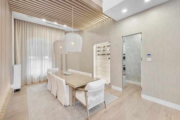 Dining room, Interior, Pendant Lights, Recessed Lighting, Wood Texture Flooring