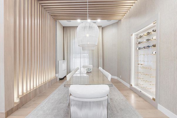 Dining room, Interior, Pendant Lights, Recessed Lighting, Wood Texture Flooring