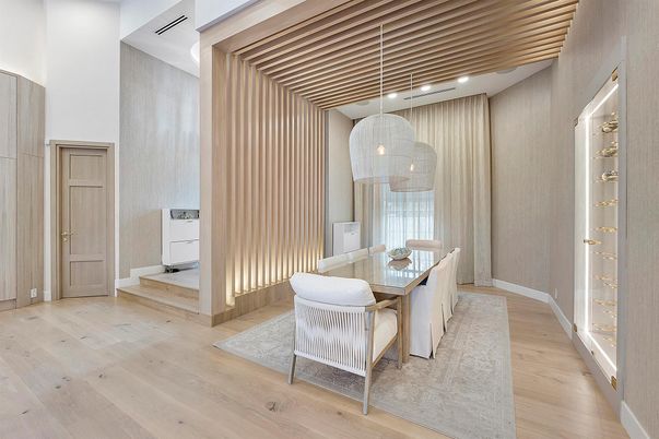 Dining room, Interior, Pendant Lights, Recessed Lighting, Wood Texture Flooring