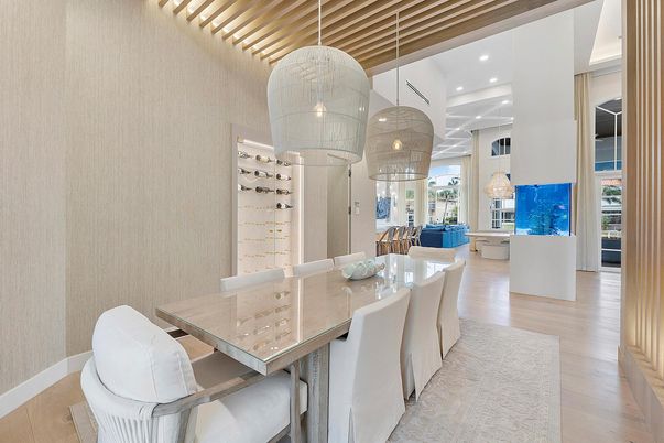 Dining room, Interior, Pendant Lights, Recessed Lighting, Wood Texture Flooring