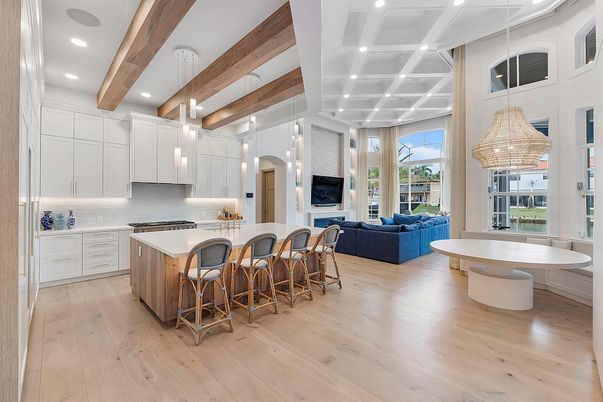 Interior, Kitchen, Living room, Pendant Lights, Recessed Lighting, Wooden Beams, Wood Texture Flooring