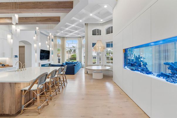 Interior, Kitchen, Pendant Lights, Recessed Lighting, Wooden Beams, Wood Texture Flooring