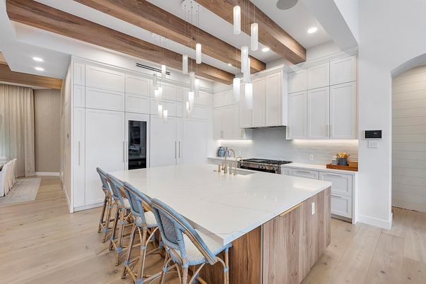Interior, Kitchen, Pendant Lights, Recessed Lighting, Stainless Steel Appliances, Wooden Beams, Wood Texture Flooring
