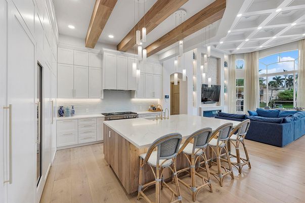 Interior, Kitchen, Living room, Pendant Lights, Recessed Lighting, Stainless Steel Appliances, Wooden Beams, Wood Texture Flooring