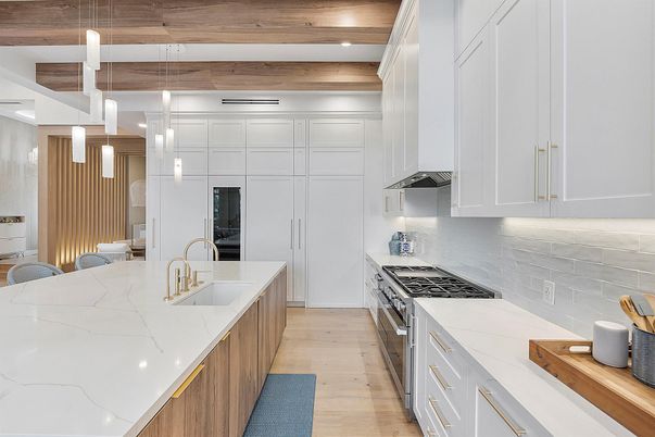 Interior, Kitchen, Pendant Lights, Recessed Lighting, Wooden Beams, Wooden Ceilings, Wood Texture Flooring