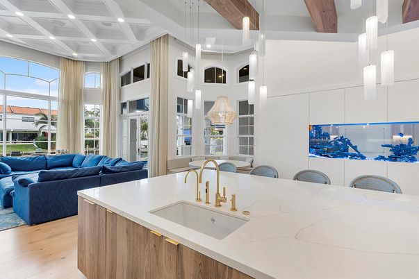 Interior, Living room, Pendant Lights, Recessed Lighting, Wooden Beams, Wood Texture Flooring