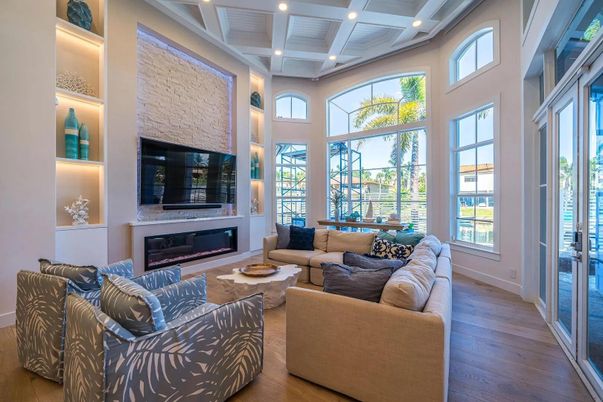 Fireplace, Interior, Living room, Recessed Lighting, Wood Texture Flooring