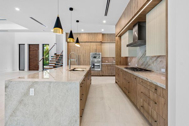 Interior, Kitchen, Marble, Pendant Lights, Recessed Lighting, Stainless Steel Appliances