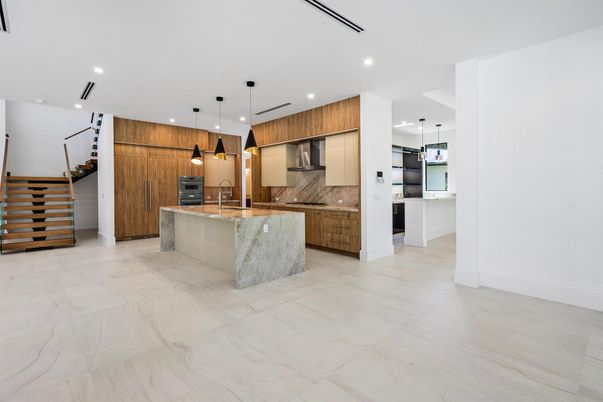 Interior, Kitchen, Marble, Pendant Lights, Recessed Lighting, Stainless Steel Appliances