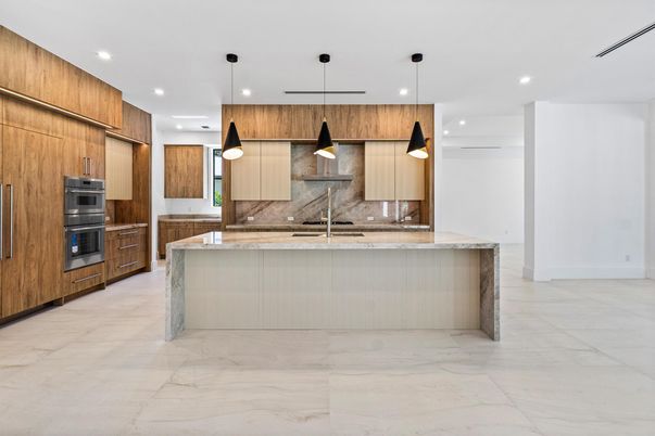 Interior, Kitchen, Marble, Pendant Lights, Recessed Lighting, Stainless Steel Appliances
