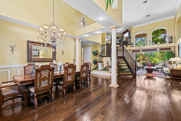 Chandelier, Dining room, Interior, Recessed Lighting, Wood Texture Flooring