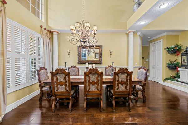 Chandelier, Dining room, Interior, Recessed Lighting, Wood Texture Flooring