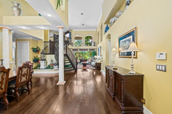 Dining room, Interior, Living room, Recessed Lighting, Wood Texture Flooring