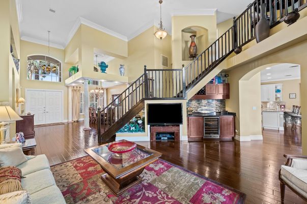 Chandelier, Interior, Living room, Pendant Lights, Wood Texture Flooring