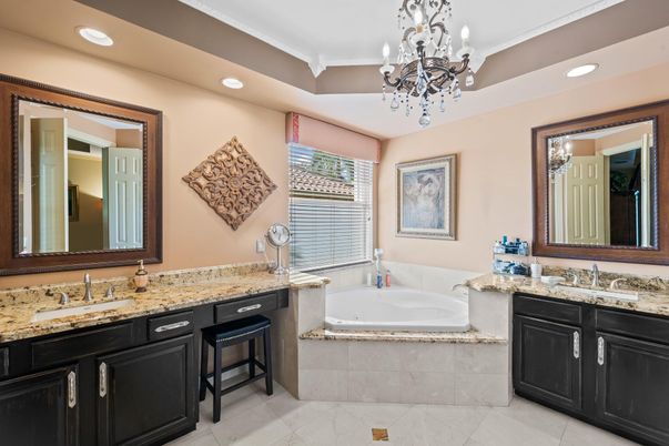Bathroom, Chandelier, Dual Sink Vanities, Interior, Recessed Lighting