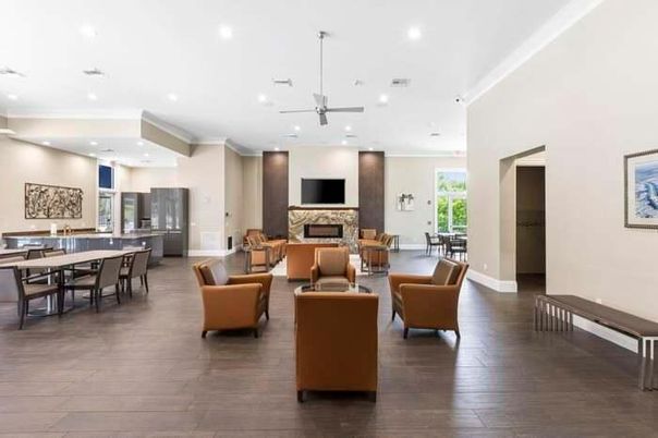 Dining room, Fireplace, Interior, Living room, Recessed Lighting, Wood Texture Flooring