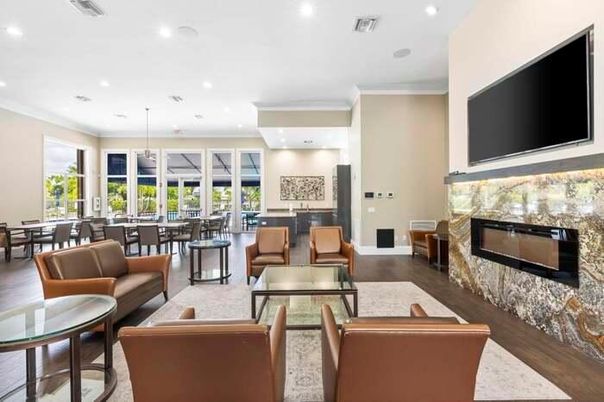 Dining room, Fireplace, Interior, Living room, Pendant Lights, Recessed Lighting, Wood Texture Flooring