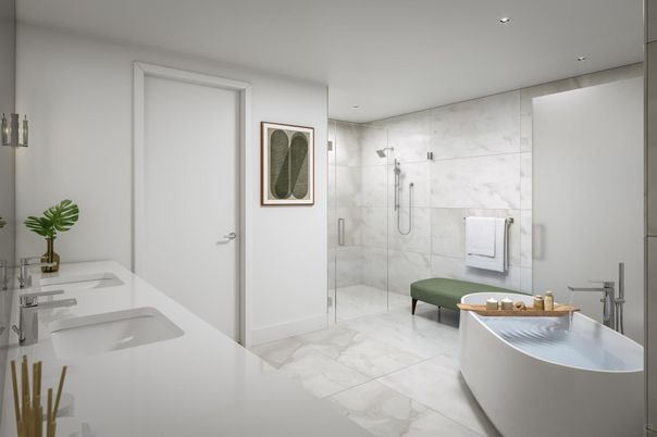 Bathroom, Dual Sink Vanities, Free Standing Baths, Glass Shower, Interior, Marble, Marble Walls, Recessed Lighting
