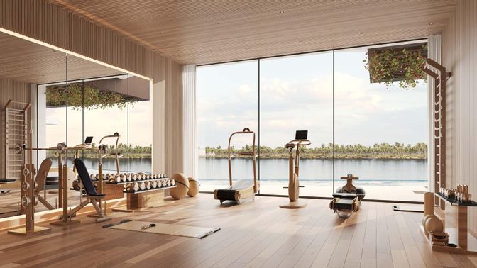 Fitness Equipment, Interior, Water, Wood Texture Flooring