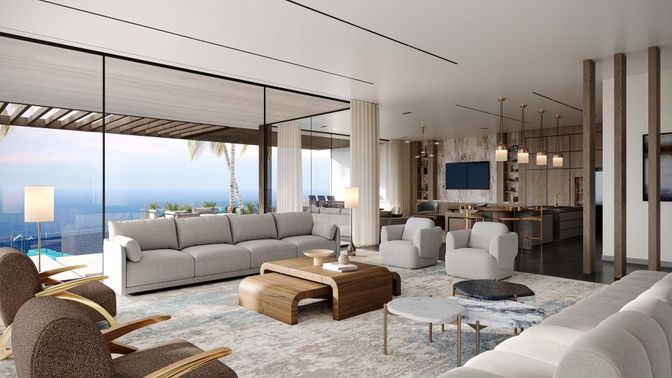 Dining room, Interior, Living room, Pendant Lights, Water, Wood Texture Flooring