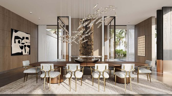 Dining room, Interior, Pendant Lights, Recessed Lighting, Wooden Walls