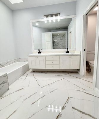 Bathroom, Dual Sink Vanities, Interior, Marble, Recessed Lighting