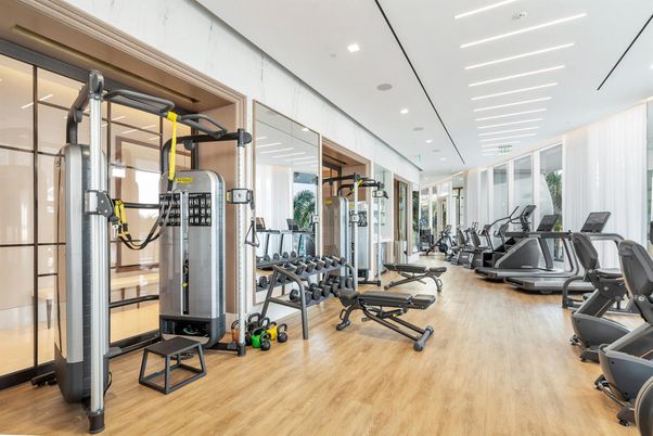 Fitness Equipment, Gym, Interior, Recessed Lighting, Wood Texture Flooring