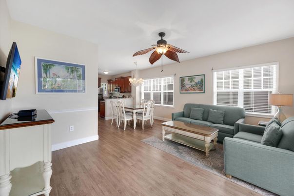 Chandelier, Dining room, Interior, Kitchen, Living room, Recessed Lighting, Wood Texture Flooring