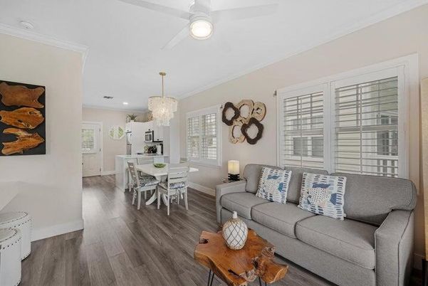 Chandelier, Dining room, Interior, Living room, Recessed Lighting, Wood Texture Flooring